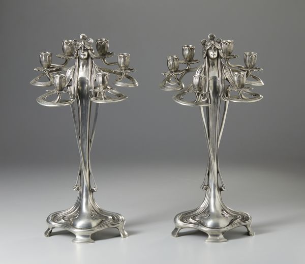 GAMBA ACHILLE (1881 - 1944) : Attribuito a. Coppia di candelabri Art Nouveau a sei fiamme in metallo argentato in forma di figure femminili  - Asta Asta 423 | ARTE ANTICA E DEL XIX SECOLO Online - Associazione Nazionale - Case d'Asta italiane