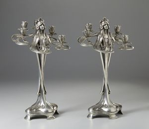 GAMBA ACHILLE (1881 - 1944) : Attribuito a. Coppia di candelabri Art Nouveau a sei fiamme in metallo argentato in forma di figure femminili  - Asta Asta 423 | ARTE ANTICA E DEL XIX SECOLO Online - Associazione Nazionale - Case d'Asta italiane