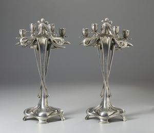 GAMBA ACHILLE (1881 - 1944) : Attribuito a. Coppia di candelabri Art Nouveau a sei fiamme in metallo argentato in forma di figure femminili  - Asta Asta 423 | ARTE ANTICA E DEL XIX SECOLO Online - Associazione Nazionale - Case d'Asta italiane