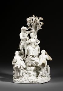 MANIFATTURA DEL XIX SECOLO - Gruppo in porcellana bianca raffigurante scena campestre con personaggi, probabilmente manifattura di Capodimonte