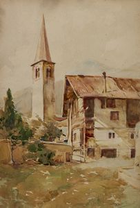 BELTRAME ACHILLE (1871 - 1945) : Casa e campanile di montagna  - Asta Asta 423 | ARTE ANTICA E DEL XIX SECOLO Online - Associazione Nazionale - Case d'Asta italiane