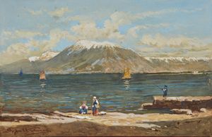 BELTRAME ACHILLE (1871 - 1945) - Paesaggio lagunare con personaggi