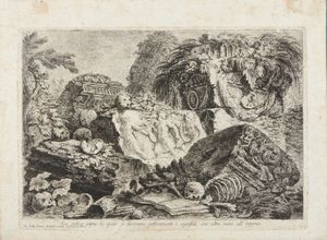 PIRANESI GIOVANNI BATTISTA (1720 - 1778) - Ara antica sopra la quale si facevano anticamente i sacrifizi, con altre ruine all'intorno