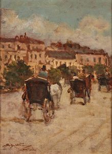 BELTRAME ACHILLE (1871 - 1945) - Strada cittadina con carrozze