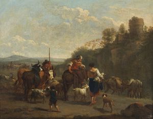 BERCHEM NICOLAES  (1620 - 1683) : Attribuito a. Scena pastorale con contadini e armenti in un paesaggio  - Asta Asta 423 | ARTE ANTICA E DEL XIX SECOLO Online - Associazione Nazionale - Case d'Asta italiane