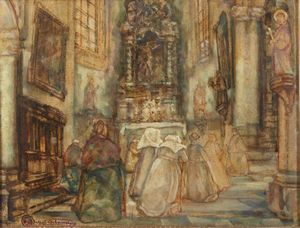 DELAUNOIS ALFRED NAPOLEON (1875 - 1941) - Interno di chiesa con personaggi