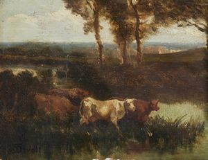 ARTISTA FRANCESE DEL XIX SECOLO : Paesaggio con armenti  - Asta Asta 423 | ARTE ANTICA E DEL XIX SECOLO Online - Associazione Nazionale - Case d'Asta italiane