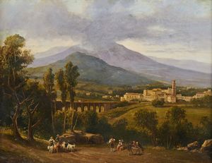 LANZA GIOVANNI GIORDANO (1827 - 1886) - Il ponte e la chiesa di S. Francesco a Cava de'Tirreni