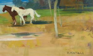 NATALI RENATO (1864 - 1947) : Cavalli al pascolo (Maremma)  - Asta Asta 423 | ARTE ANTICA E DEL XIX SECOLO Online - Associazione Nazionale - Case d'Asta italiane