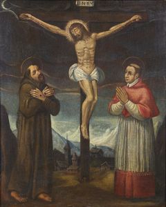 ARTISTA DEL XVII SECOLO - Crocifissione di Cristo con San Francesco d'Assisi e San Carlo Borromeo