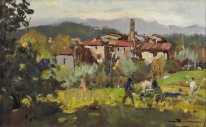 BONANOMI ARTURO (1920 - 2010) - Paesaggio collinare con personaggi