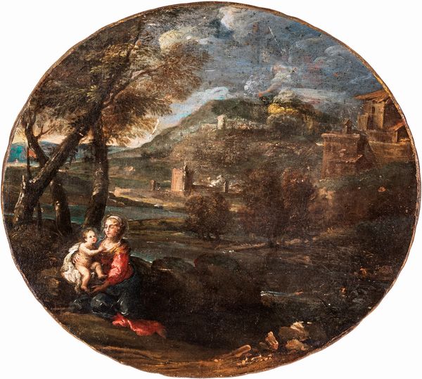 Domenico Zampieri detto Domenichino, Attribuito a : Paesaggio con donna e bambino  - Asta Dipinti antichi - Associazione Nazionale - Case d'Asta italiane