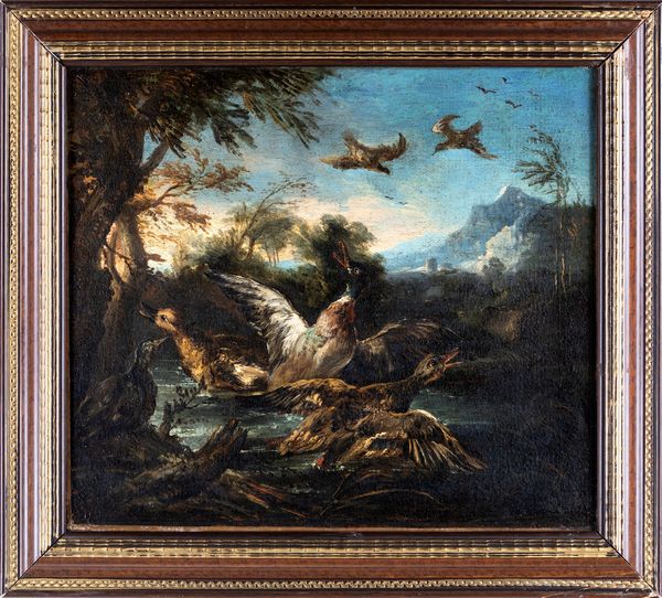 Angelo Maria Crivelli detto il Crivellone, Attribuito a : Paesaggio con volatili  - Asta Dipinti antichi - Associazione Nazionale - Case d'Asta italiane