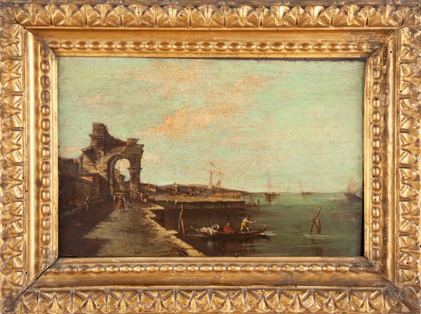 Francesco Guardi (scuola di) : Laguna con gondole e capriccio architettonico  - Asta Dipinti antichi - Associazione Nazionale - Case d'Asta italiane