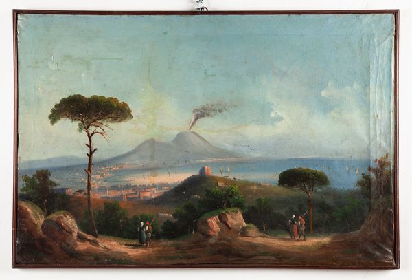 Scuola napoletana, fine XIX/inizi XX secolo : Tre vedute della baia di Napoli col Vesuvio fumante  - Asta Dipinti antichi - Associazione Nazionale - Case d'Asta italiane