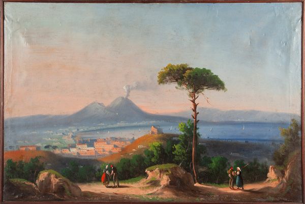 Scuola napoletana, fine XIX/inizi XX secolo : Tre vedute della baia di Napoli col Vesuvio fumante  - Asta Dipinti antichi - Associazione Nazionale - Case d'Asta italiane