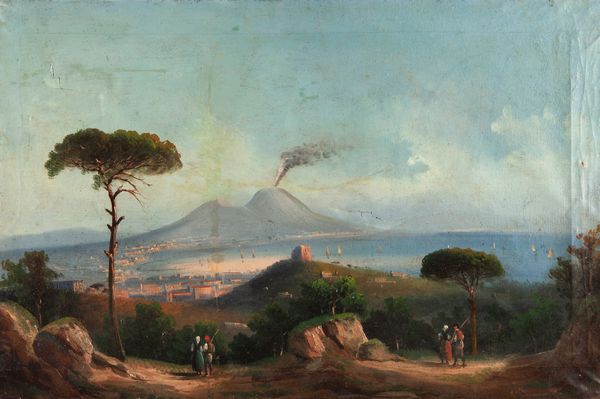 Scuola napoletana, fine XIX/inizi XX secolo : Tre vedute della baia di Napoli col Vesuvio fumante  - Asta Dipinti antichi - Associazione Nazionale - Case d'Asta italiane