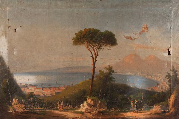 Scuola napoletana, fine XIX/inizi XX secolo : Tre vedute della baia di Napoli col Vesuvio fumante  - Asta Dipinti antichi - Associazione Nazionale - Case d'Asta italiane