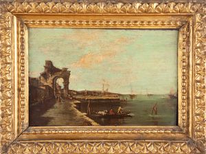 Francesco Guardi (scuola di) - Laguna con gondole e capriccio architettonico