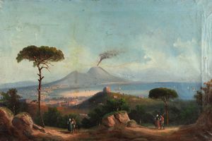 Scuola napoletana, fine XIX/inizi XX secolo : Tre vedute della baia di Napoli col Vesuvio fumante  - Asta Dipinti antichi - Associazione Nazionale - Case d'Asta italiane