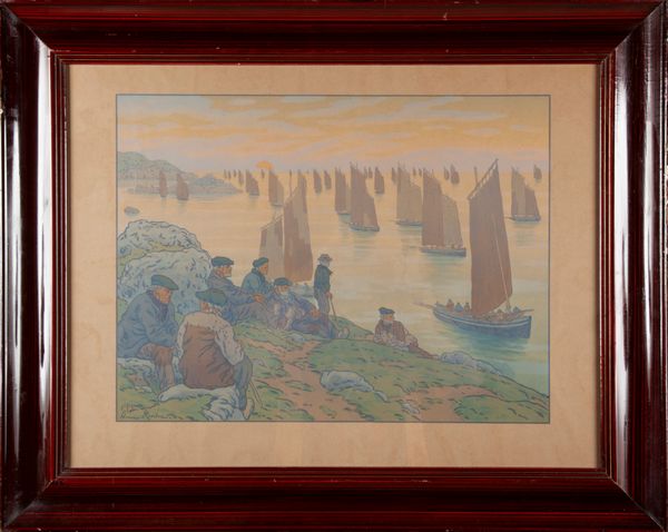 Henri Laurent  Rivière : Barche al tramonto.  - Asta Dipinti del XIX Secolo - Associazione Nazionale - Case d'Asta italiane