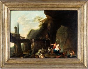 Pittore francese, fine XVIII/inizio XIX secolo - Paesaggio con caccia di Diana