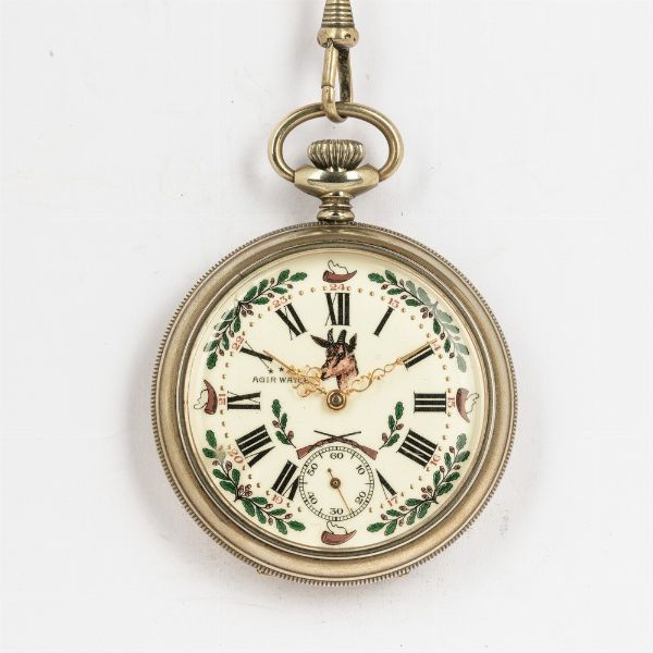 Orologio da tasca svizzero Agir watch, cassa in metallo, scappamento ad ancora con catena, quadrante in smalto decorato, 1950 circa  - Asta Orologi da Tasca - Associazione Nazionale - Case d'Asta italiane