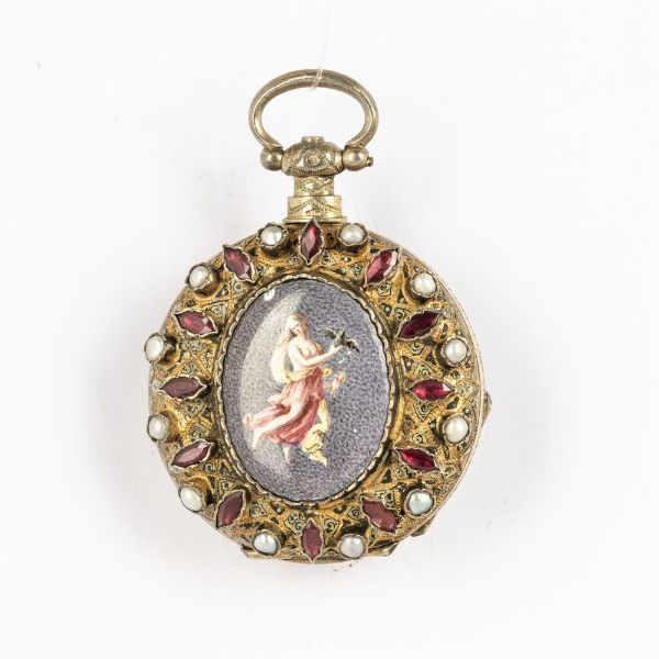 Orologio da donna Austro ungarico del 1820-1830 circa, cassa savonette in argento dorato, cassa con perline e pietre dure, miniatura smaltata sul retro, scappamento a cilindro a ponti multipli, quadrante in smalto bianco  - Asta Orologi da Tasca - Associazione Nazionale - Case d'Asta italiane