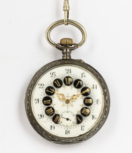 Orologio da tasca Regulator del 1890-1900, cassa in argento, quadrante in smalto con cartouche oro su fondo nero  - Asta Orologi da Tasca - Associazione Nazionale - Case d'Asta italiane