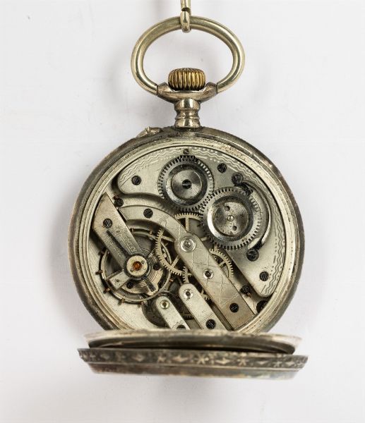 Orologio da tasca Regulator del 1890-1900, cassa in argento, quadrante in smalto con cartouche oro su fondo nero  - Asta Orologi da Tasca - Associazione Nazionale - Case d'Asta italiane