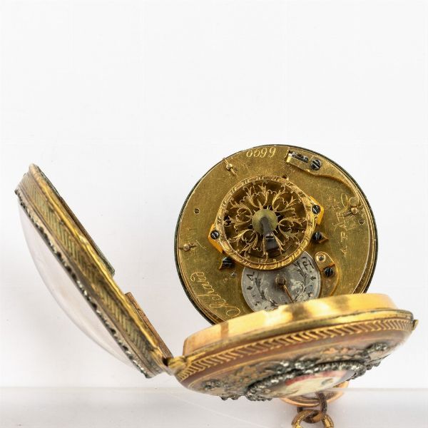 Orologio da tasca del 1780 circa, Achard, Parigi, cassa in ottone dorato, scappamento a verga, quadrante in smalto, con chiavetta<BR>Nel lotto una Chateleine luigi XVI in metallo dorato  - Asta Orologi da Tasca - Associazione Nazionale - Case d'Asta italiane