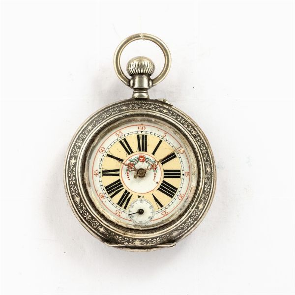 Orologio da tasca anonimo di produzione svizzera cassa in argento, inciso, movimento scappamento a cilindro, quadrante in smalto, 1880  - Asta Orologi da Tasca - Associazione Nazionale - Case d'Asta italiane