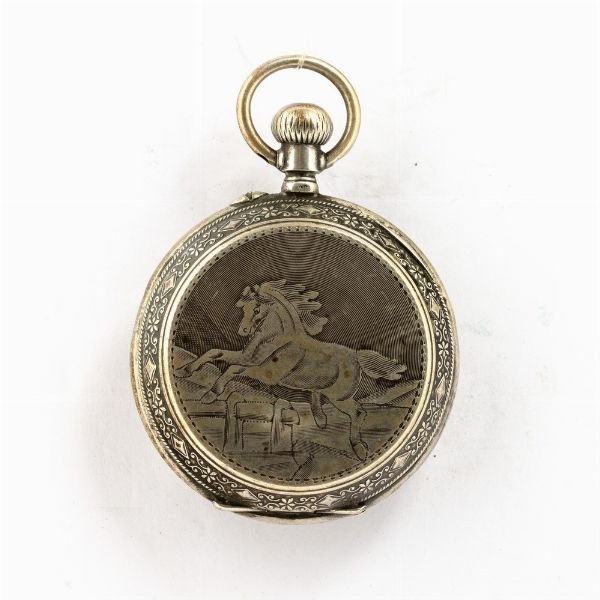 Orologio da tasca anonimo di produzione svizzera cassa in argento, inciso, movimento scappamento a cilindro, quadrante in smalto, 1880  - Asta Orologi da Tasca - Associazione Nazionale - Case d'Asta italiane