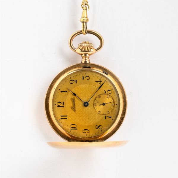 Zenith Grand Prix, orologio da tasca  del 1900-1910, catena in oro 14 kt e cassa in oro 12 kt, savonette, movimento con scappamento ad ancora e regolazione micrometrica, quadrante in metallo smaltato, astuccio originale  - Asta Orologi da Tasca - Associazione Nazionale - Case d'Asta italiane