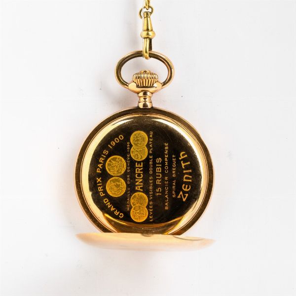 Zenith Grand Prix, orologio da tasca  del 1900-1910, catena in oro 14 kt e cassa in oro 12 kt, savonette, movimento con scappamento ad ancora e regolazione micrometrica, quadrante in metallo smaltato, astuccio originale  - Asta Orologi da Tasca - Associazione Nazionale - Case d'Asta italiane