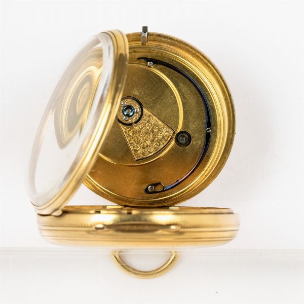 Orologio da taschino inglese cassa in oro 18 kt, movimento a ribalta con scappamento ad ancora, quadrante in oro.<BR>Regalo per i 43 anni di attivit pastorale  - Asta Orologi da Tasca - Associazione Nazionale - Case d'Asta italiane