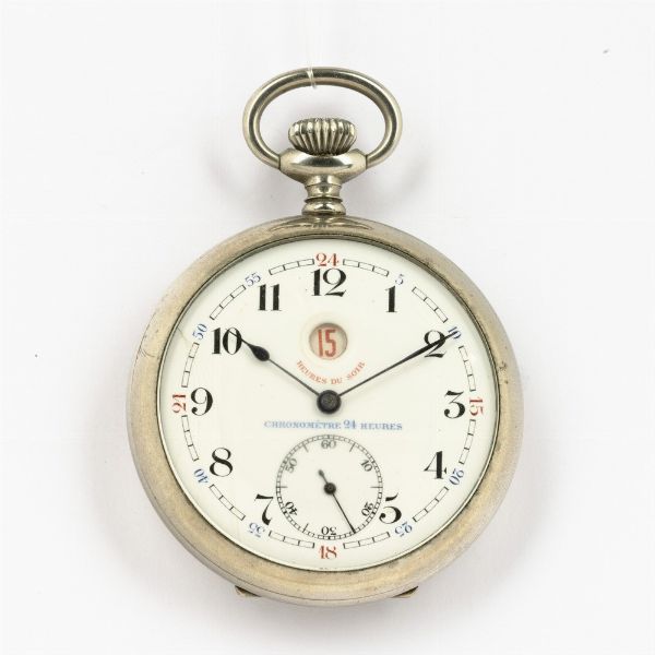 Orologio da tasca, 1890 circa,cassa in metallo, quadrante 12/24 ore, quadrante in smalto bianco.<BR>Da revisionare.  - Asta Orologi da Tasca - Associazione Nazionale - Case d'Asta italiane