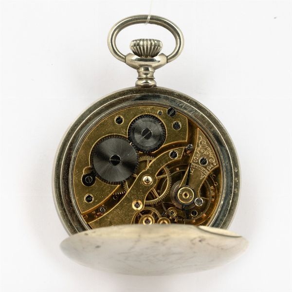 Orologio da tasca, 1890 circa,cassa in metallo, quadrante 12/24 ore, quadrante in smalto bianco.<BR>Da revisionare.  - Asta Orologi da Tasca - Associazione Nazionale - Case d'Asta italiane