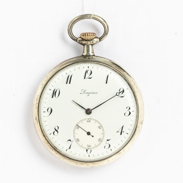 Longines, orologio da taschino, cassa in argento, movimento con scappamento ad ancora, 1910 circa , quadrante in smalto bianco, da revisionare  - Asta Orologi da Tasca - Associazione Nazionale - Case d'Asta italiane