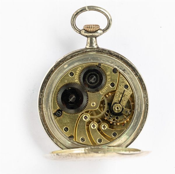 Longines, orologio da taschino, cassa in argento, movimento con scappamento ad ancora, 1910 circa , quadrante in smalto bianco, da revisionare  - Asta Orologi da Tasca - Associazione Nazionale - Case d'Asta italiane