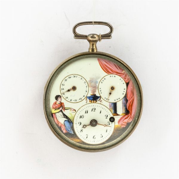 Orologio da tasca, Chevalier li Ain. Cassa in argento, movimento a scappamento verga, 1800-1810, quadrante in smalto con decori e calendario  - Asta Orologi da Tasca - Associazione Nazionale - Case d'Asta italiane