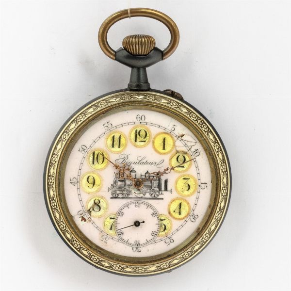 Orologio da tasca Regulator francese del 1890 circa, cassa in acciaio brunito, quadrante in smalto con cartuche (felature), dotato di cassa di protezione  - Asta Orologi da Tasca - Associazione Nazionale - Case d'Asta italiane