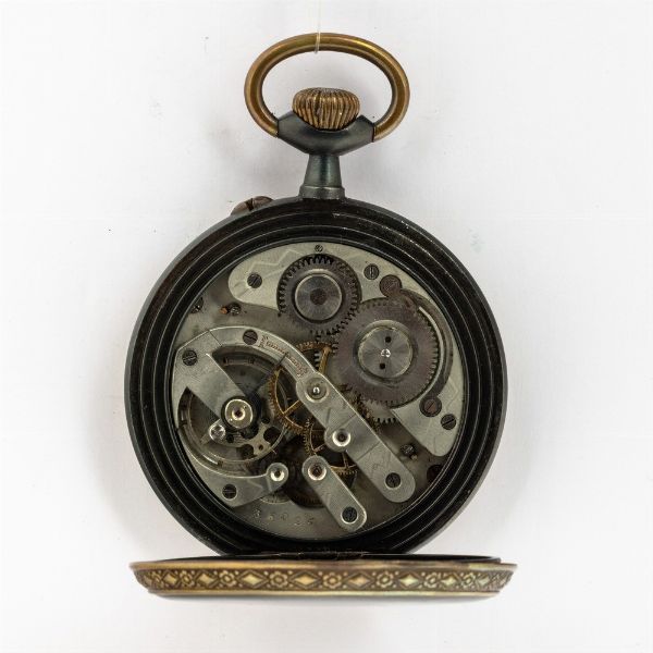 Orologio da tasca Regulator francese del 1890 circa, cassa in acciaio brunito, quadrante in smalto con cartuche (felature), dotato di cassa di protezione  - Asta Orologi da Tasca - Associazione Nazionale - Case d'Asta italiane