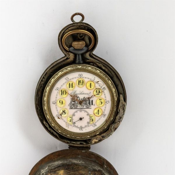 Orologio da tasca Regulator francese del 1890 circa, cassa in acciaio brunito, quadrante in smalto con cartuche (felature), dotato di cassa di protezione  - Asta Orologi da Tasca - Associazione Nazionale - Case d'Asta italiane