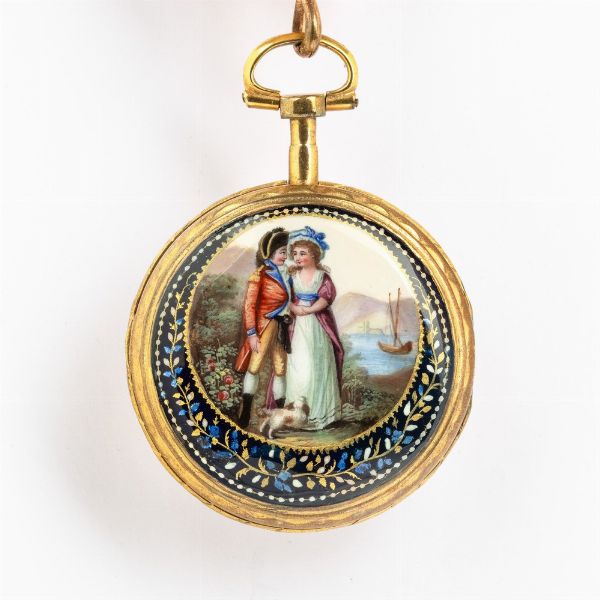 Orologio da tasca con chateleine associata in metallo dorato, firmato Jean daniel Bahn a Strasbourg, Luigi XVI del  1780-1790 circa, cassa in ottone dorata, scappamento a verga, smalto sul retro  - Asta Orologi da Tasca - Associazione Nazionale - Case d'Asta italiane