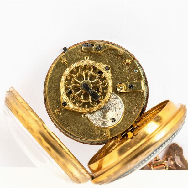 Orologio da tasca con chateleine associata in metallo dorato, firmato Jean daniel Bahn a Strasbourg, Luigi XVI del  1780-1790 circa, cassa in ottone dorata, scappamento a verga, smalto sul retro  - Asta Orologi da Tasca - Associazione Nazionale - Case d'Asta italiane