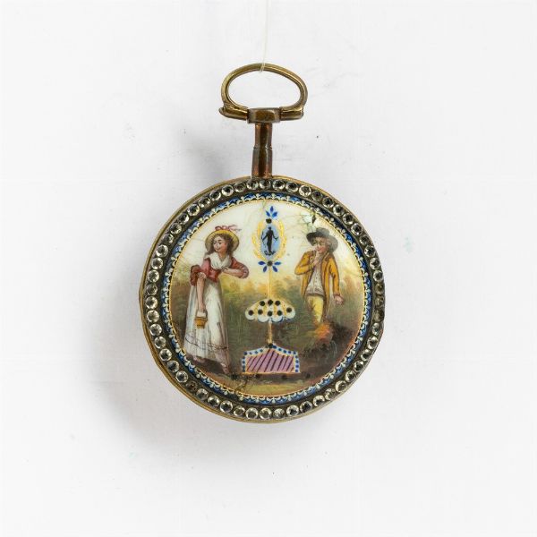 Orologio da tasca, Pernod Freres del 1820-1830 circa, cassa in ottone dorato con smalto al retro (danneggiato) e pietre dure su entrambi i lati, movimento con scappamento verga, quadrante in smalto bianco.  - Asta Orologi da Tasca - Associazione Nazionale - Case d'Asta italiane