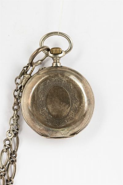 Orologio da tasca Salterello del 1890 circa, cassa in argento, con catena, quadrante in smalto con sbrecciatura,  scappamento ad ancora  - Asta Orologi da Tasca - Associazione Nazionale - Case d'Asta italiane