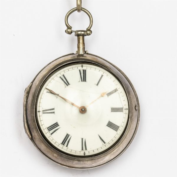 Orologio da tasca Williams London, 1790-1800, ribaltina inglese , doppia cassa in argento, scappamento a verga, con conoide e catena.<BR>Quadrante in smalto bianco.  - Asta Orologi da Tasca - Associazione Nazionale - Case d'Asta italiane