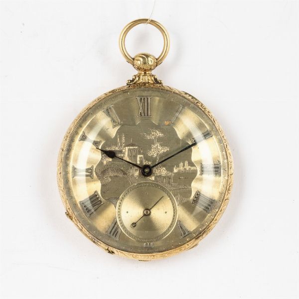 Tobias and Co orologio da tasca inglese in oro (couvette in ottone), del 1870 circa.<BR>Quadrante in argento con numeri applicati.<BR>Movimento a ponti multipli, scappamento a cilindro. <BR>  - Asta Orologi da Tasca - Associazione Nazionale - Case d'Asta italiane